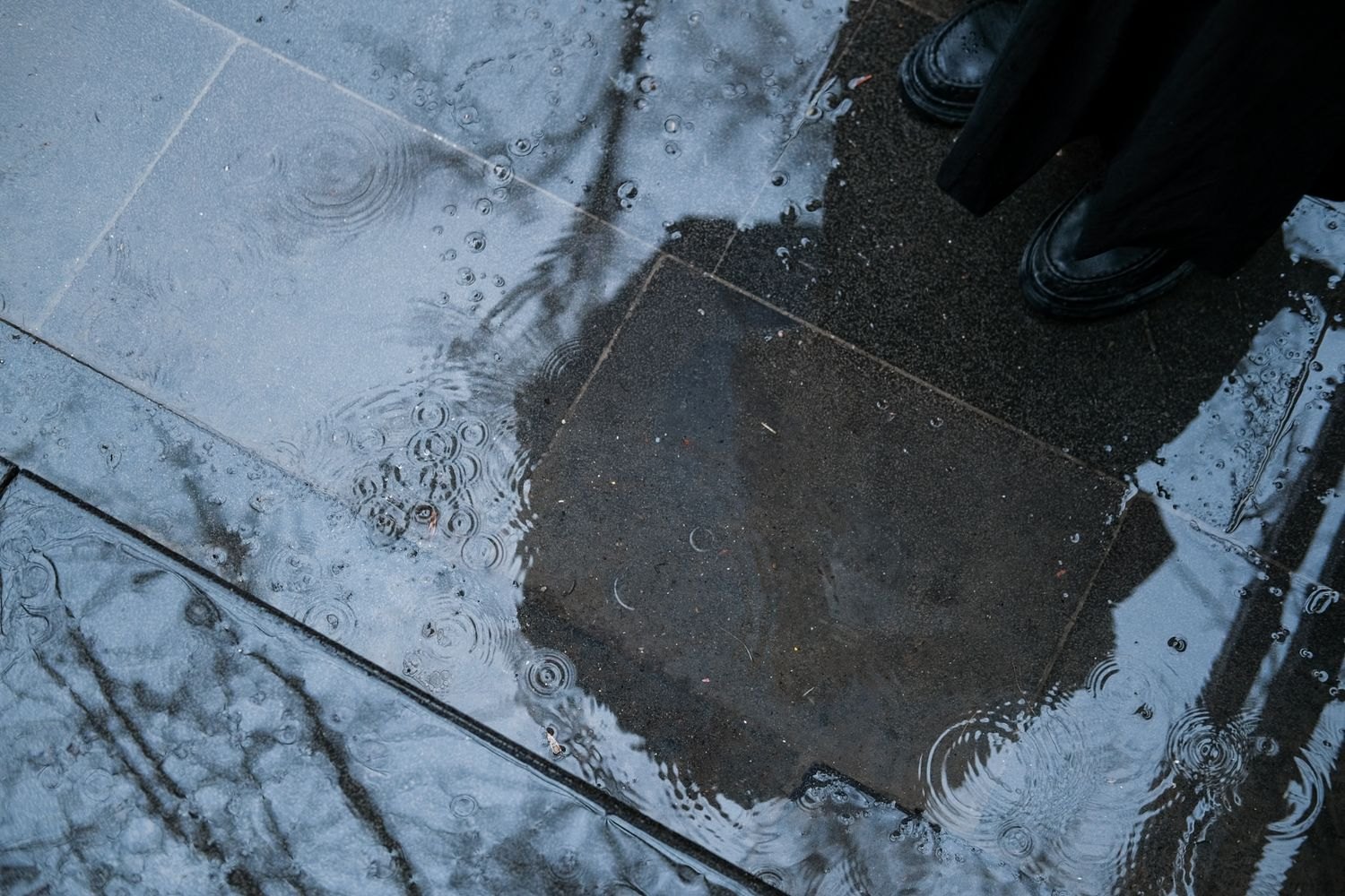 Rain puddles on a pavement beside boots