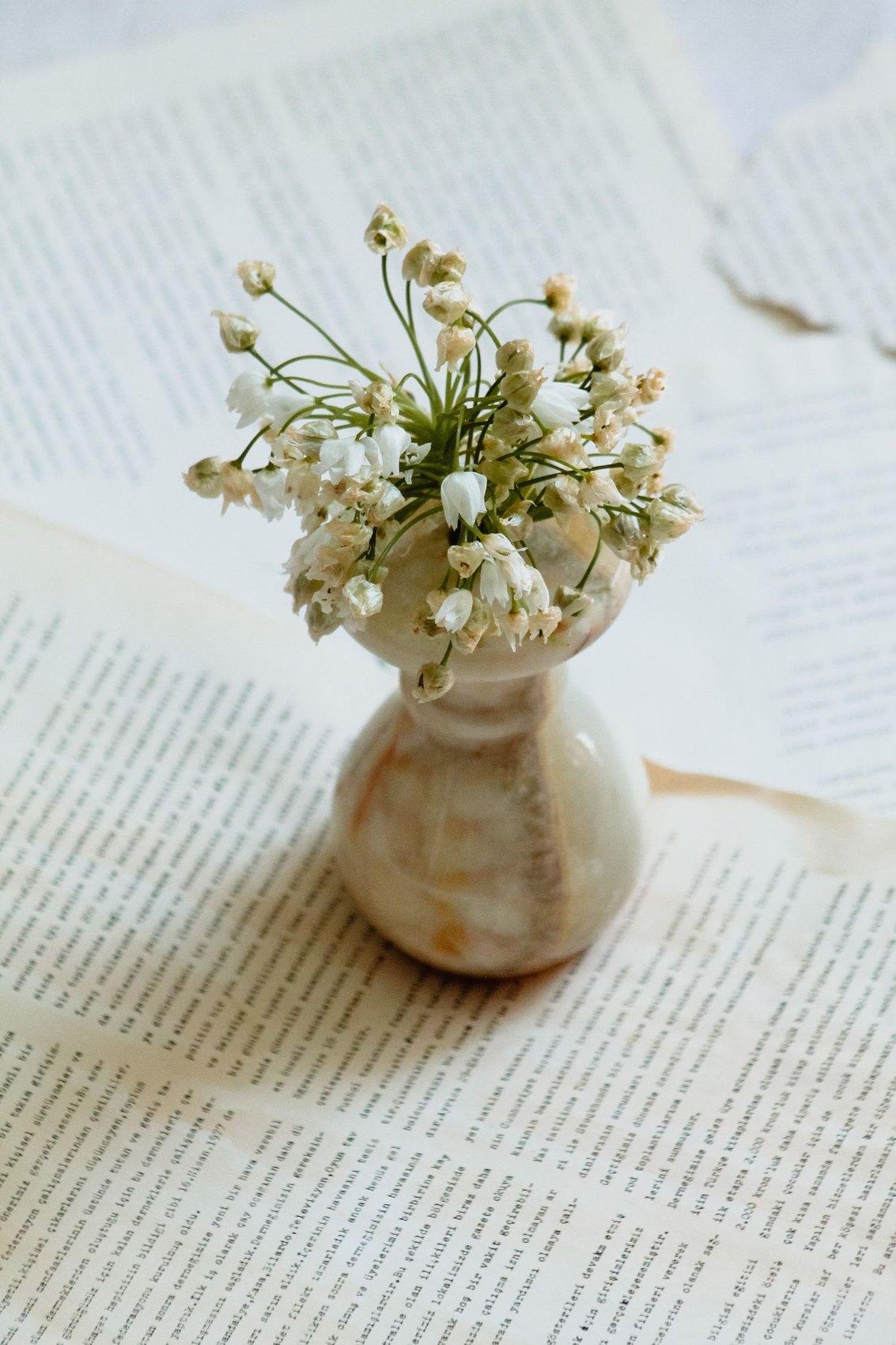 Eine kleine Vase mit schmalem Hals und weißen Blüten