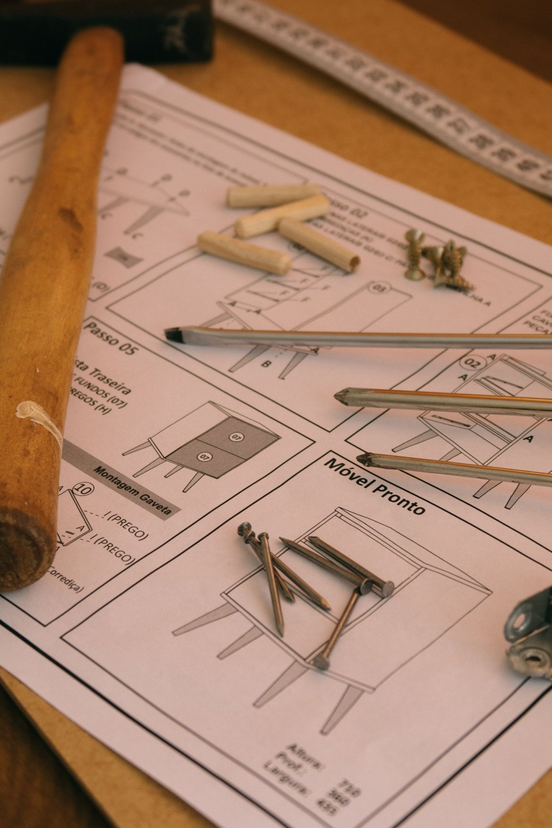 Screws and wooden dowels on furniture instructions